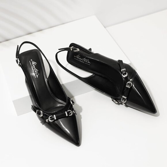 Black Pointed Toe Pumps Leather Low Heel Slingback Heels with Buckle Dress Shoe - Picture 3 of 9